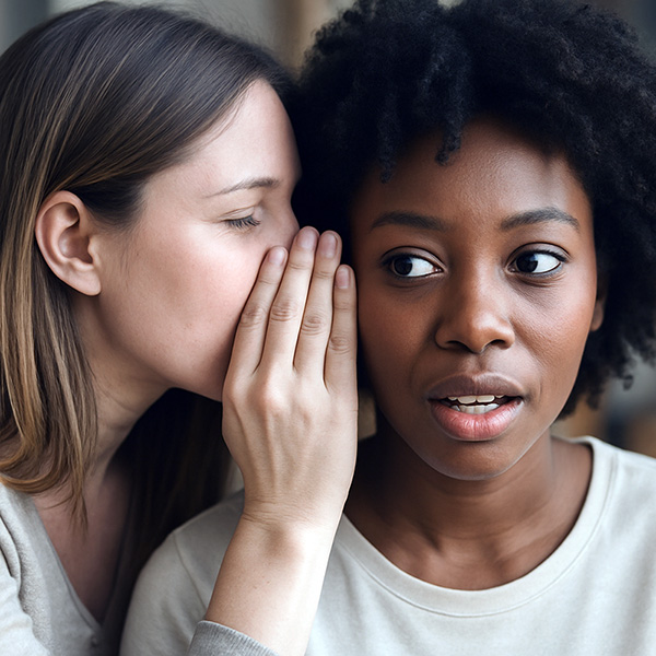 A white woman whispering in the ear of a black woman.