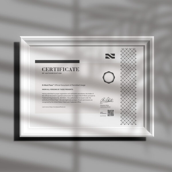 A N-Word Pass certificate framed on a wall