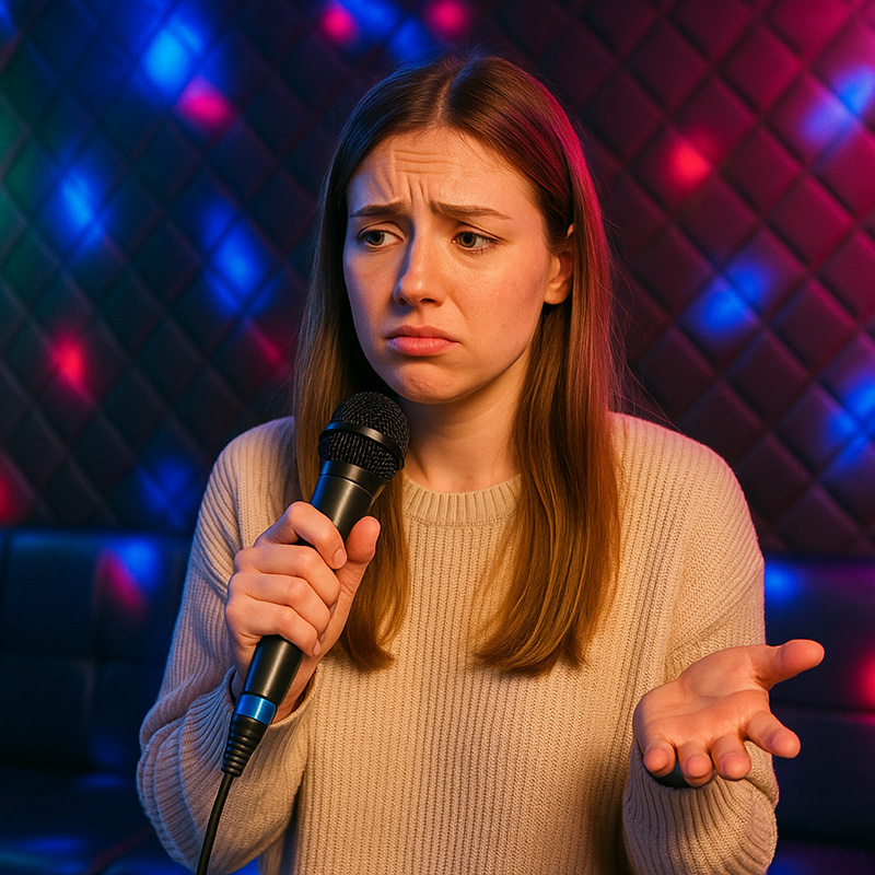 An uncertain young woman about to sing controversial lyrics